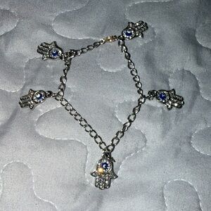 Silver Hamsa Hand Charm Bracelet with Blue Accent